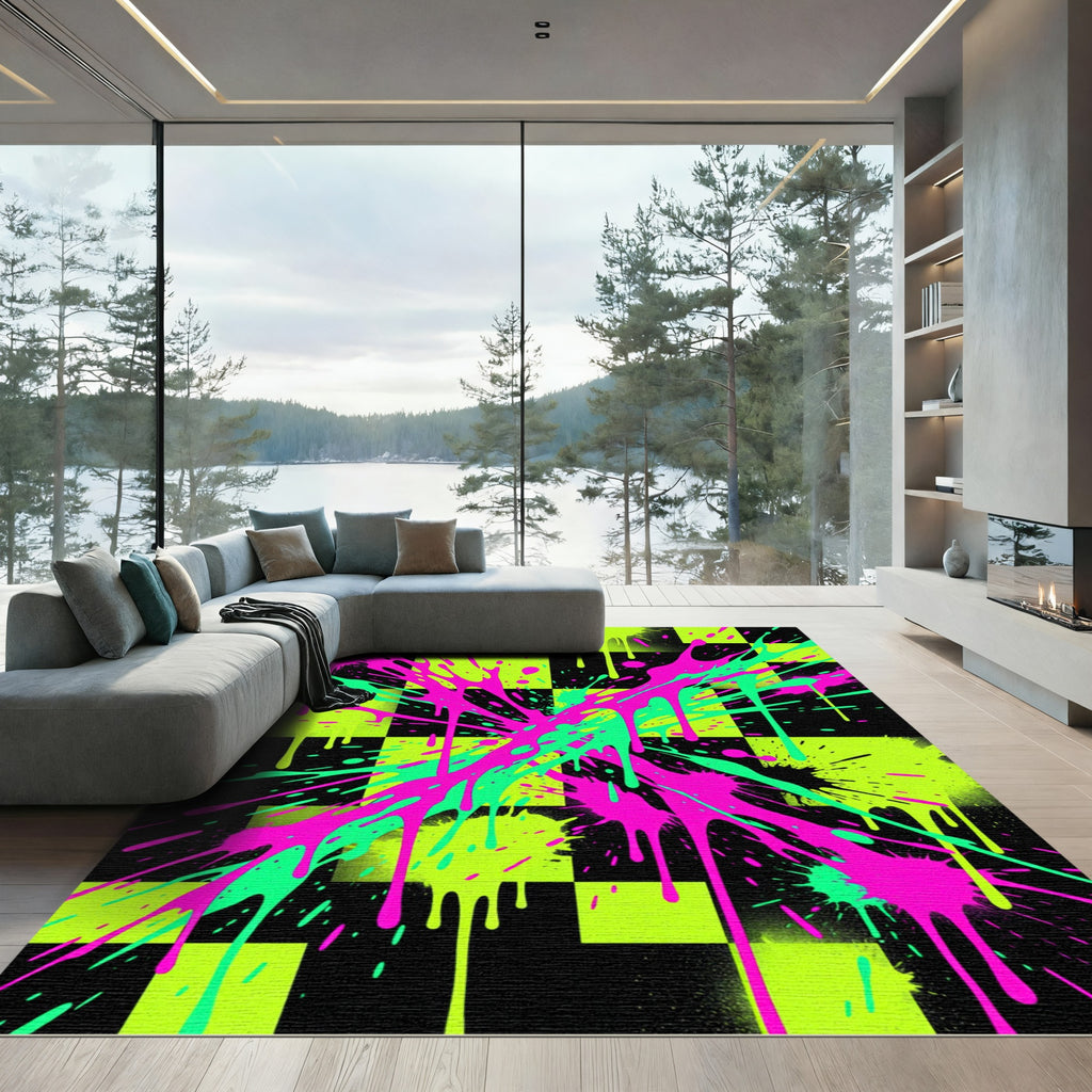 Neon Checkered Splatter Abstract Art Rug
