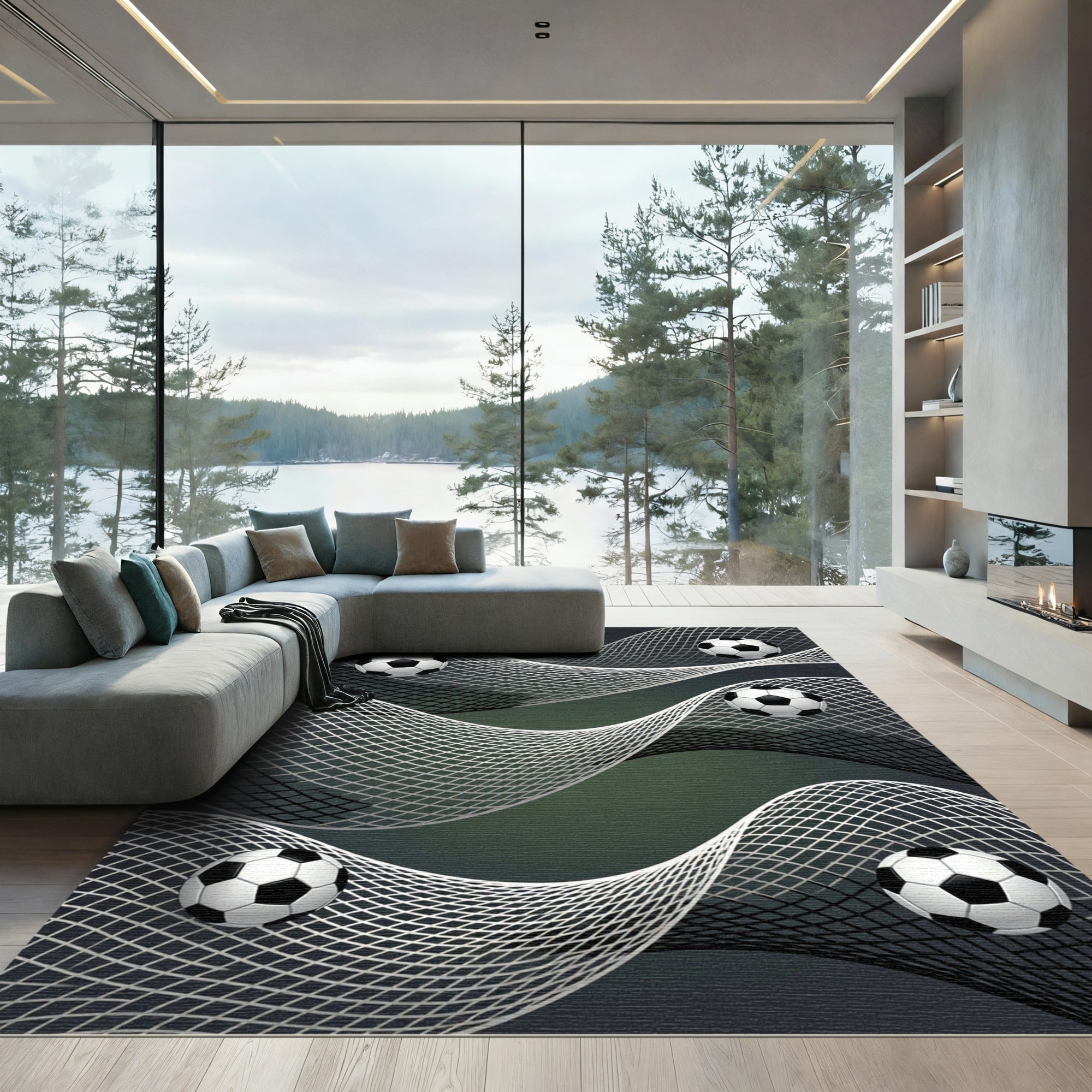 Monochrome Soccer Ball Flowing Net Rug