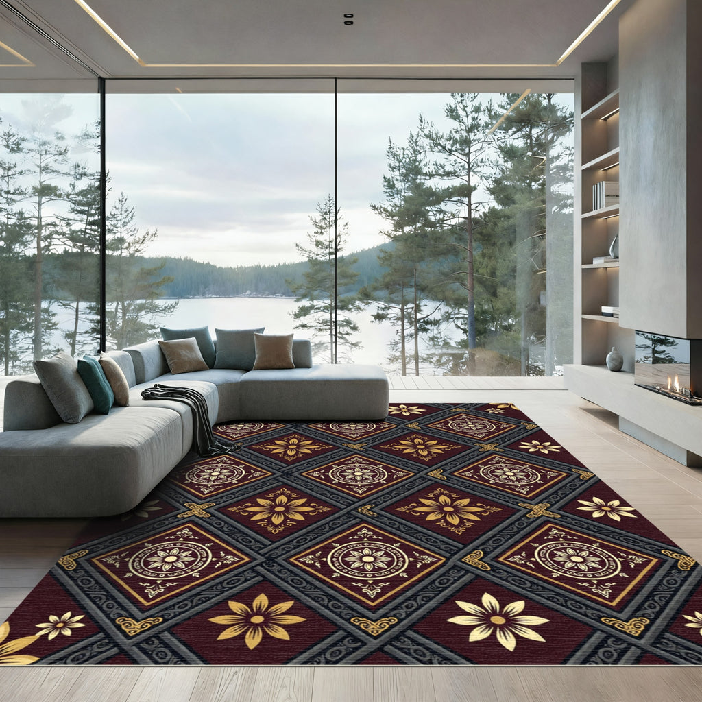 Burgundy Golden Floral Diamond Trellis Rug