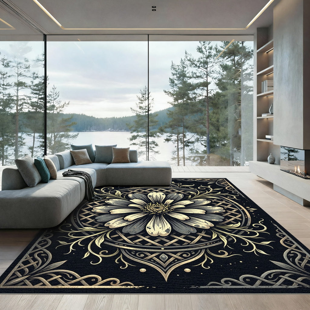 Elegant Monochrome Floral Circular Lattice Rug