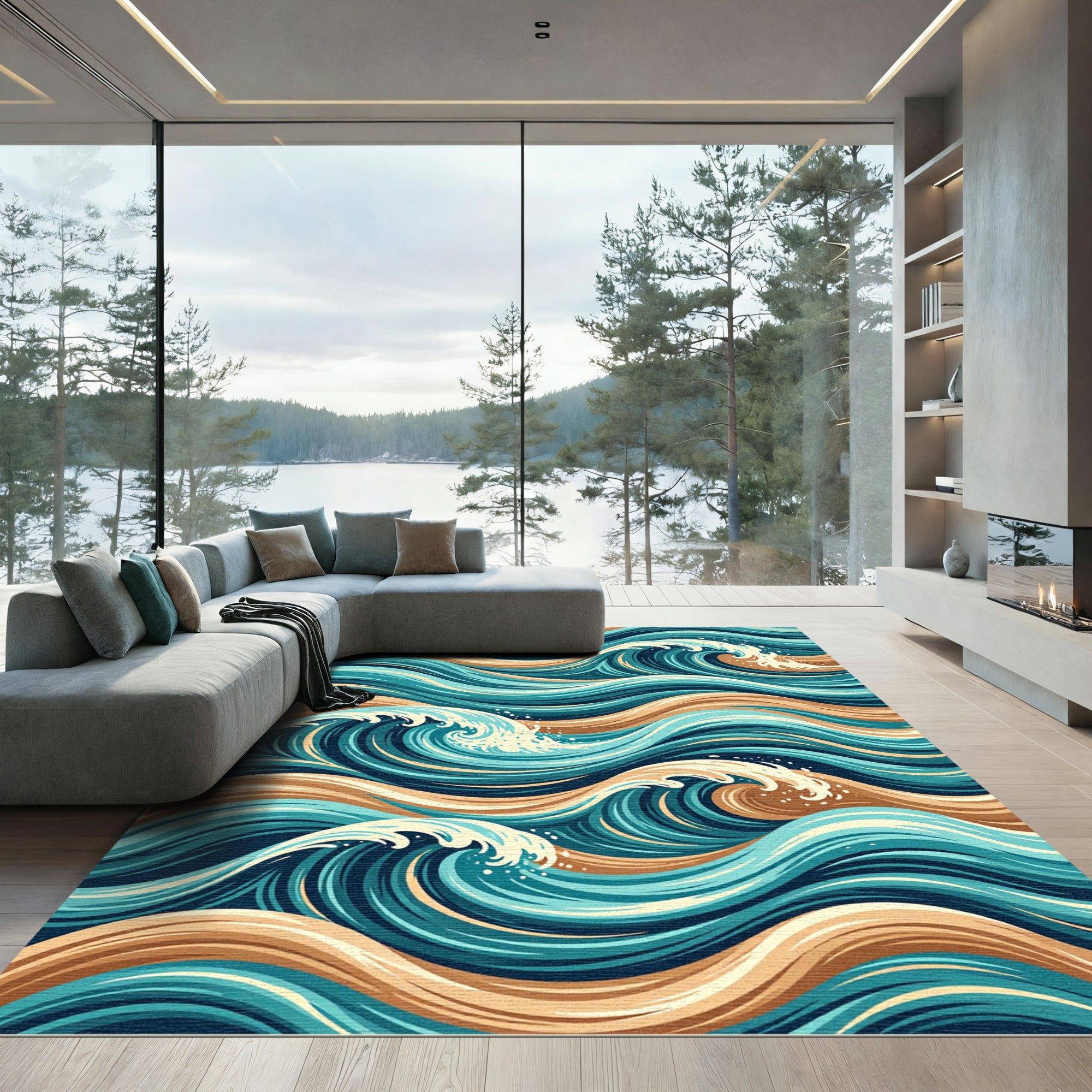 Deep Blue Teal Ocean Waves Rug
