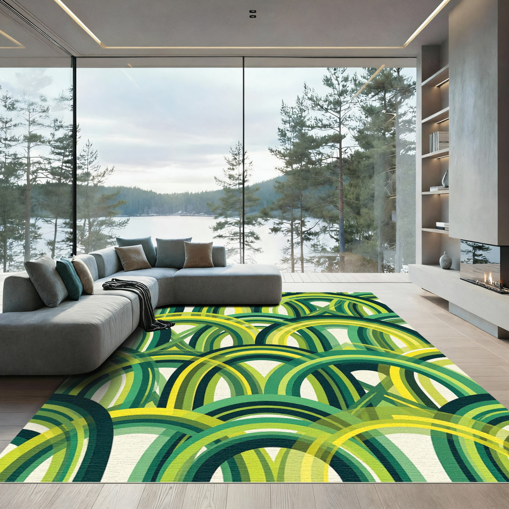 Retro Emerald Green Arched Layered Circles Rug