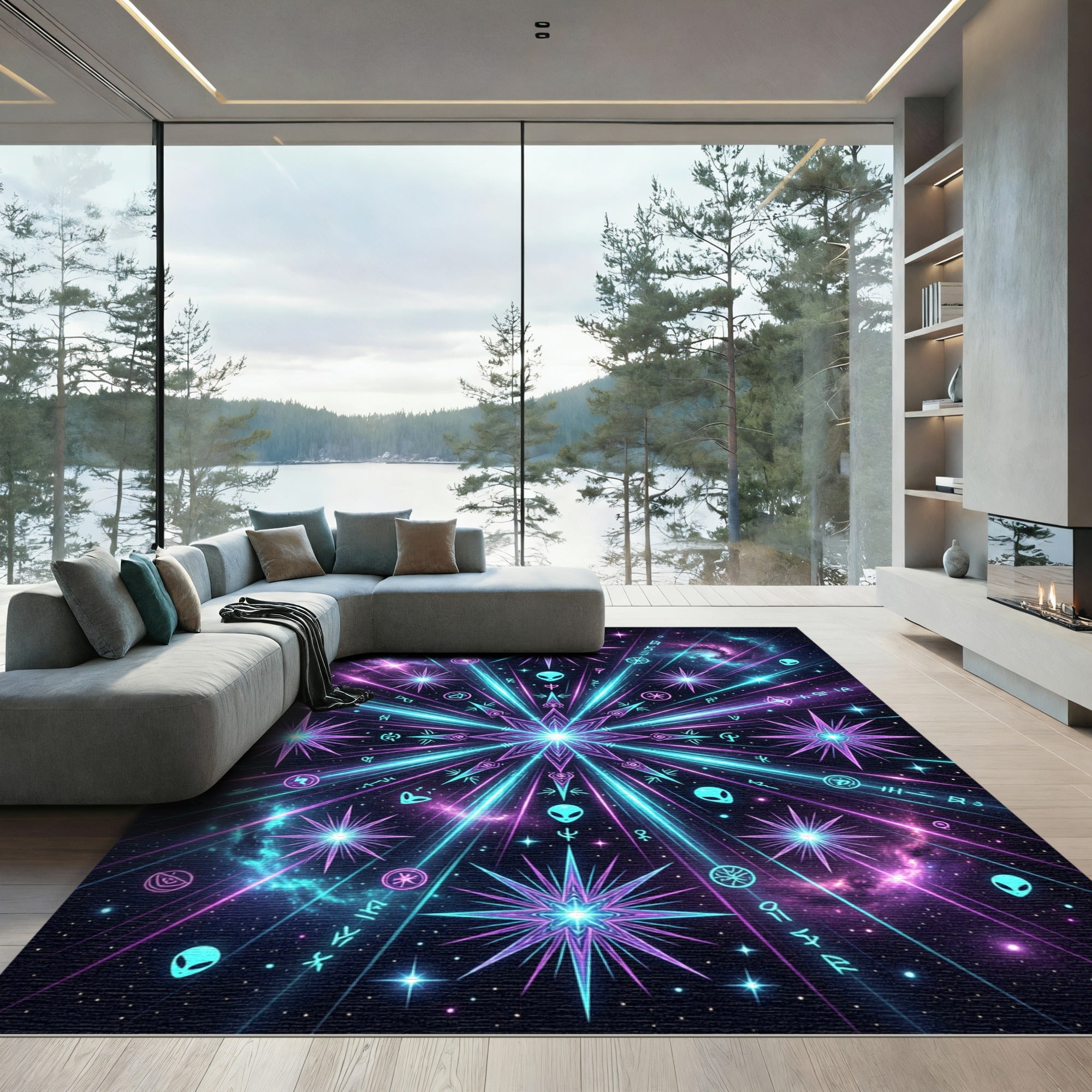 Cosmic Neon Alien Starry Galaxy Rug