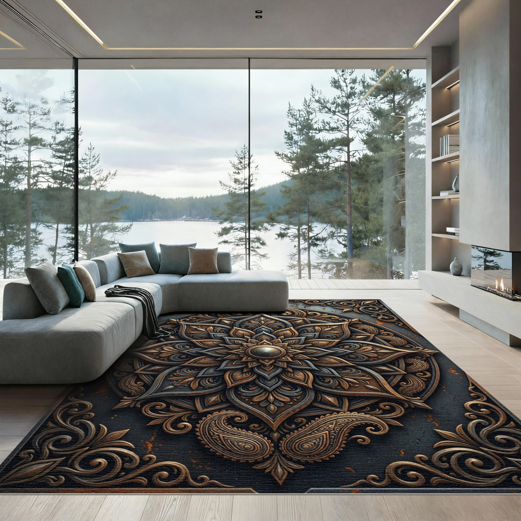 Antique Bronze Metallic Floral Medallion Rug