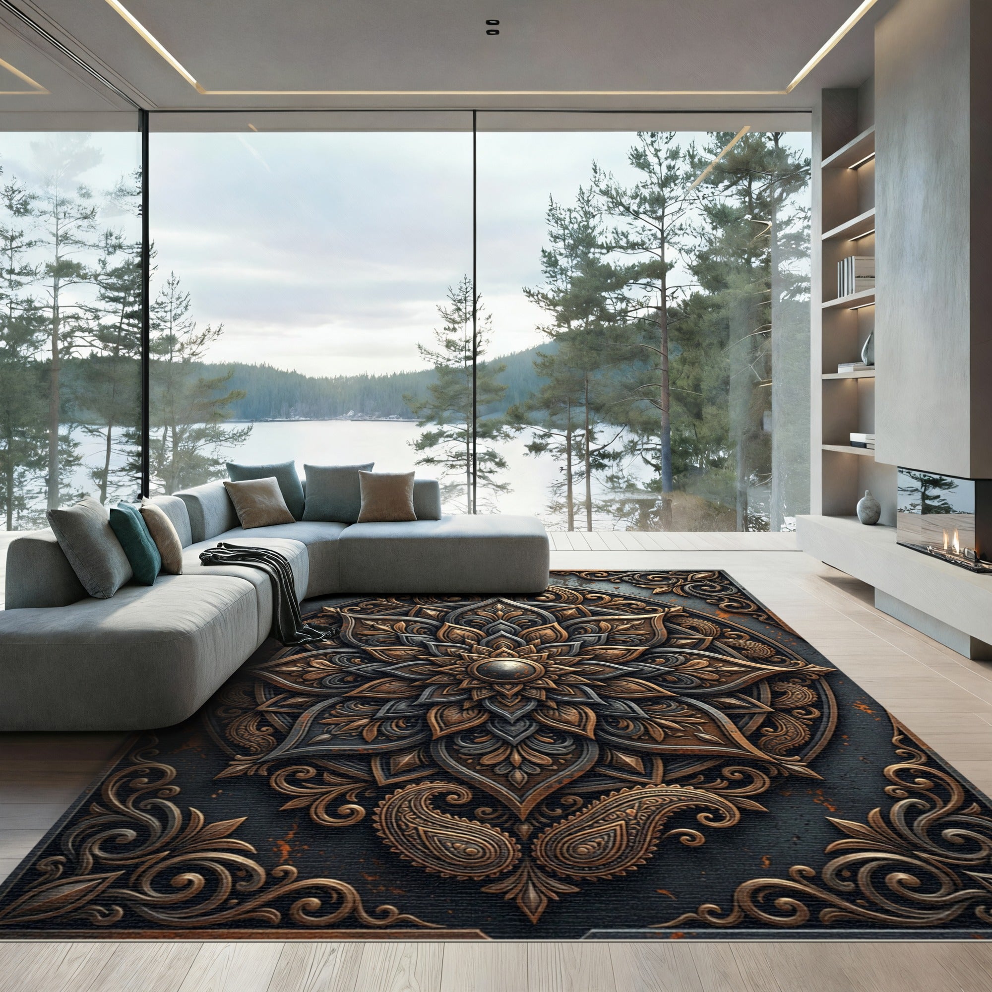 Antique Bronze Metallic Floral Medallion Rug