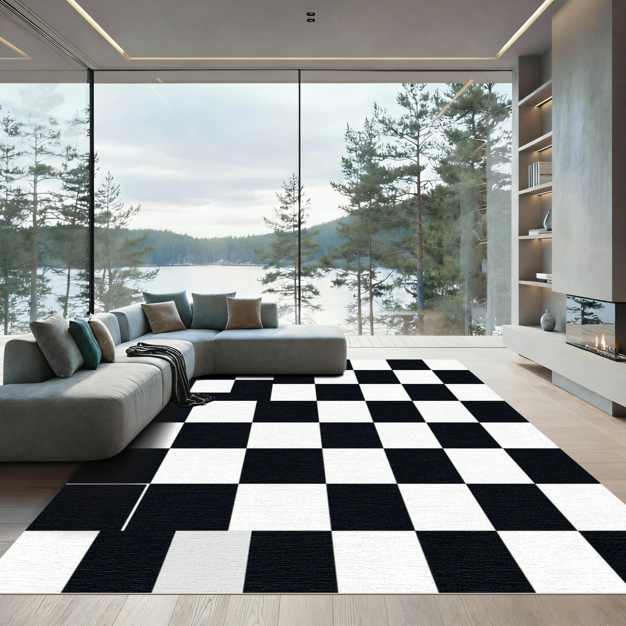 Black White Checkerboard Grid Rug
