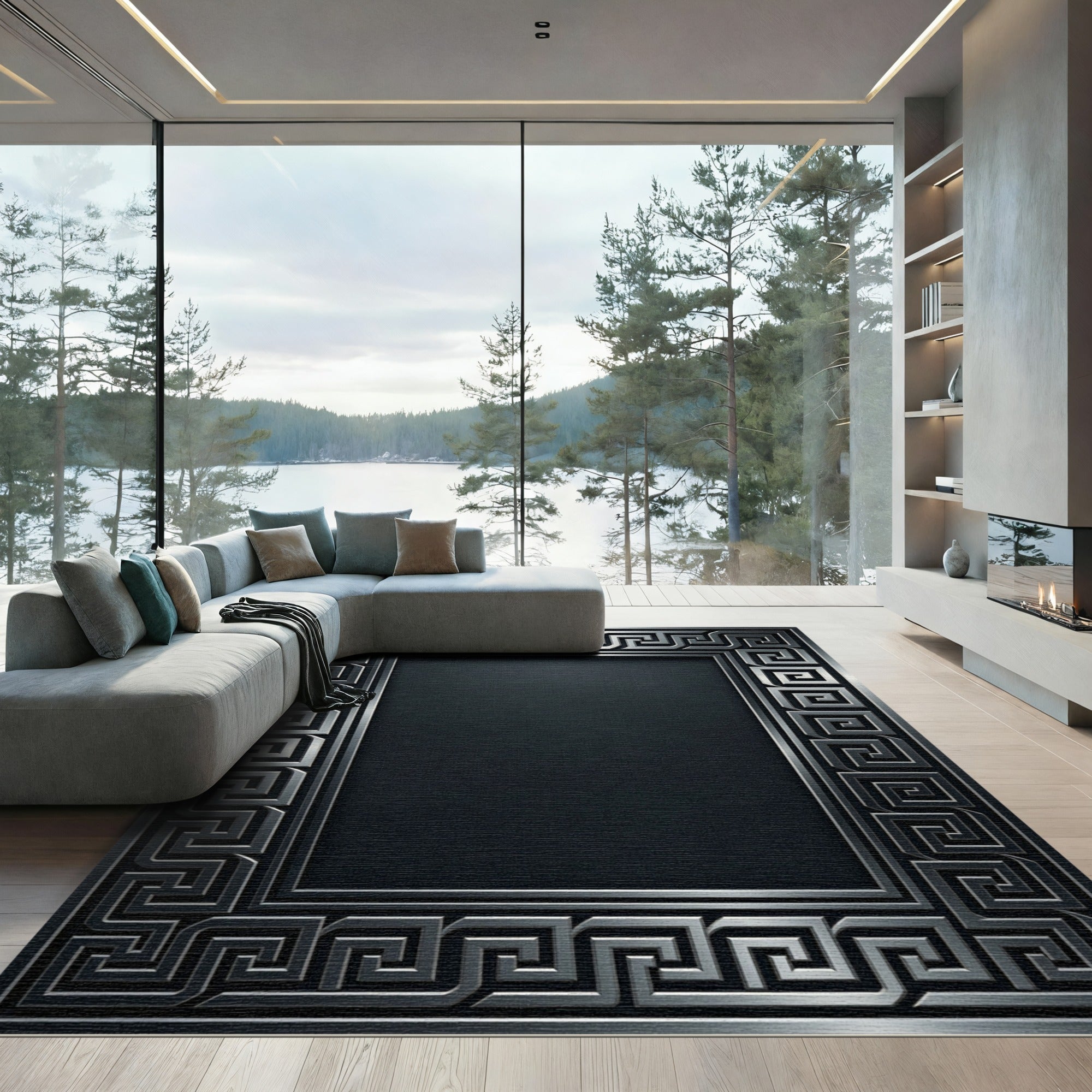 Gray Geometric Greek Key Border Rug