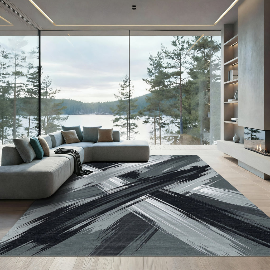 Monochrome Brushstroke Intersection Rug