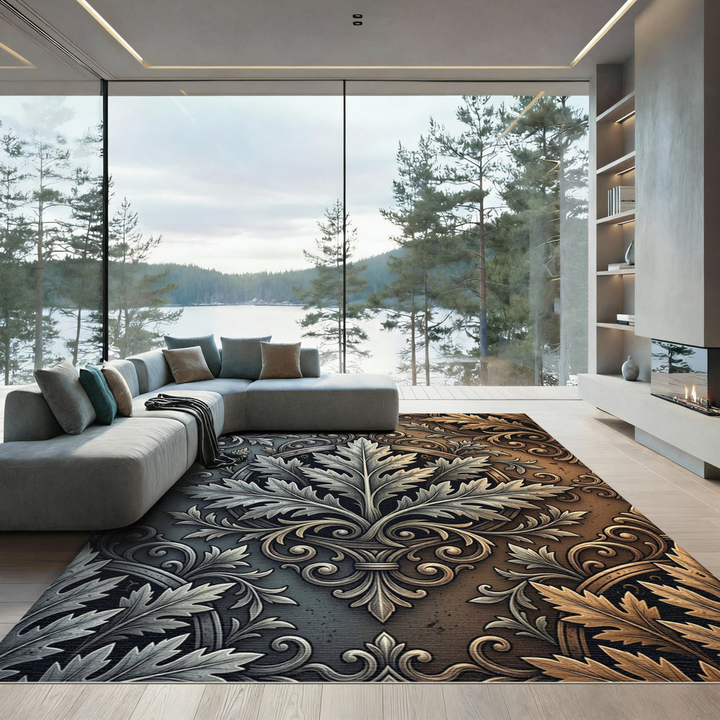 Metallic Silver and Bronze Acanthus Foliage Rug