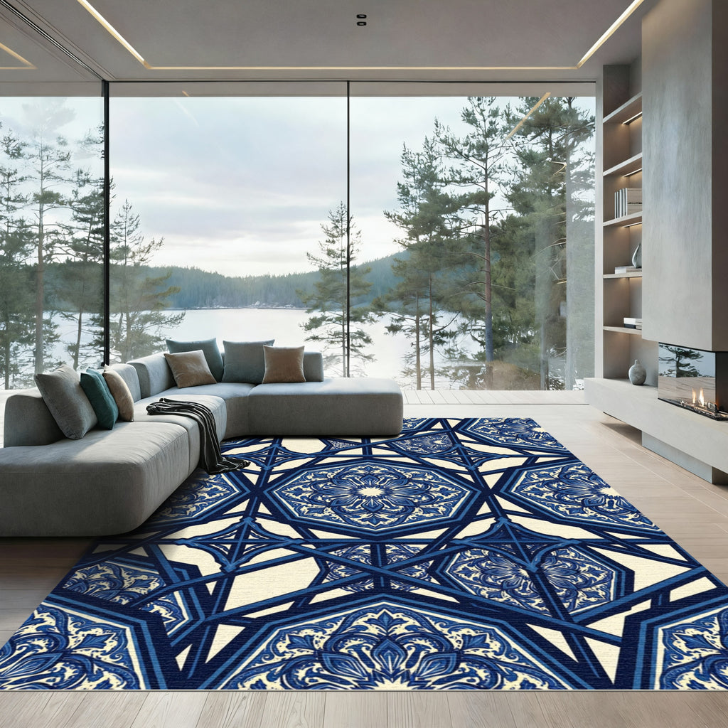 Indigo Blue Geometric Floral Medallion Rug