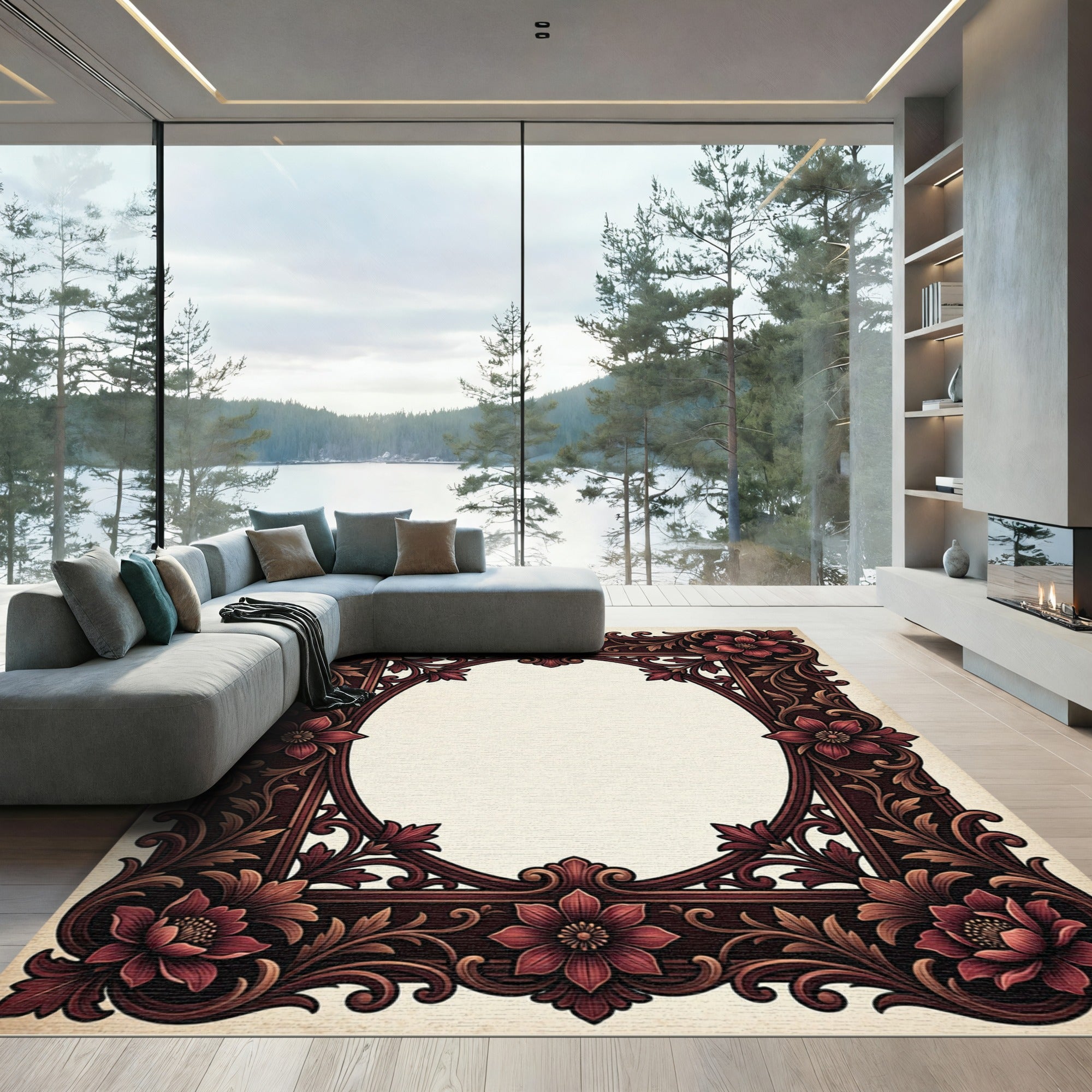 Ornate Burgundy Floral Scroll Frame Rug