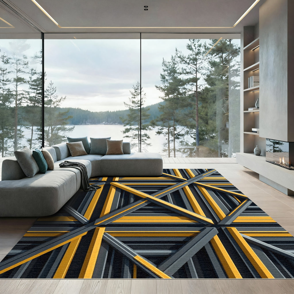 Tantalizing Yellow Gray Geometric Overlay Rug