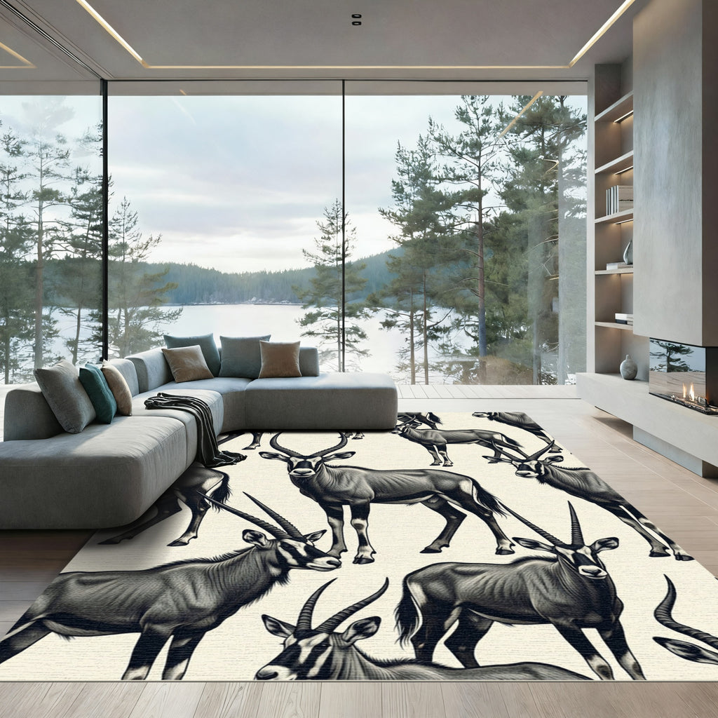 Monochrome Antelope Wildlife Animal Illustration Rug