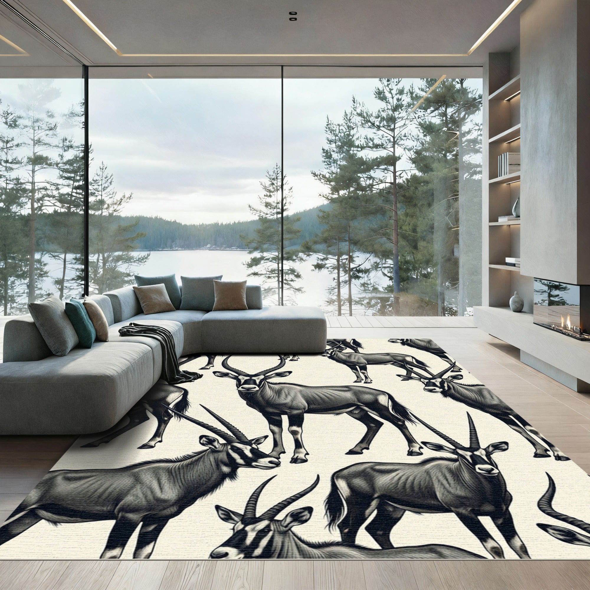 Monochrome Antelope Wildlife Animal Illustration Rug