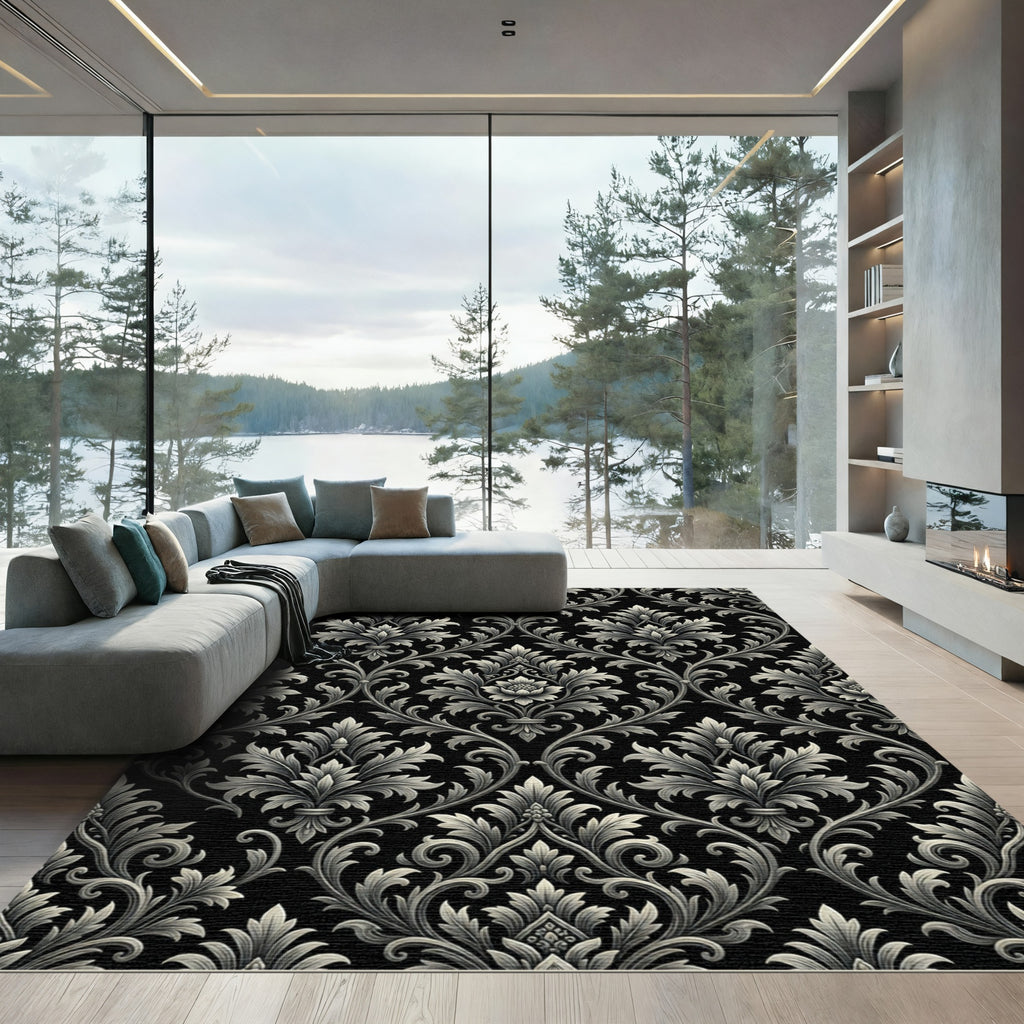 Ornate Black And Gray Damask Scroll Rug