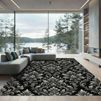 Ornate Black And Gray Damask Scroll Rug