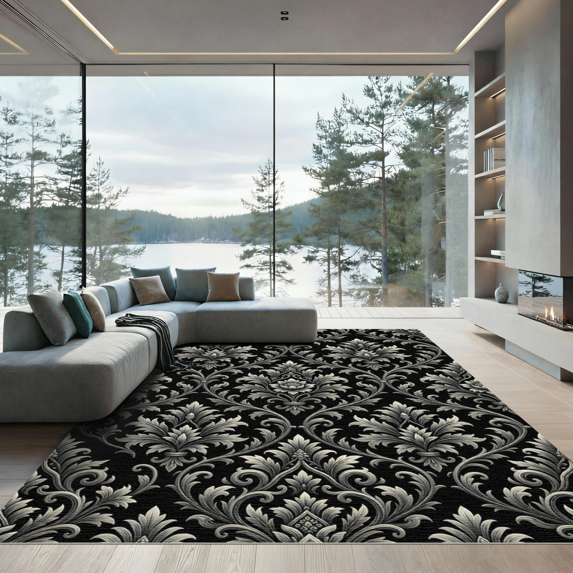 Ornate Black And Gray Damask Scroll Rug