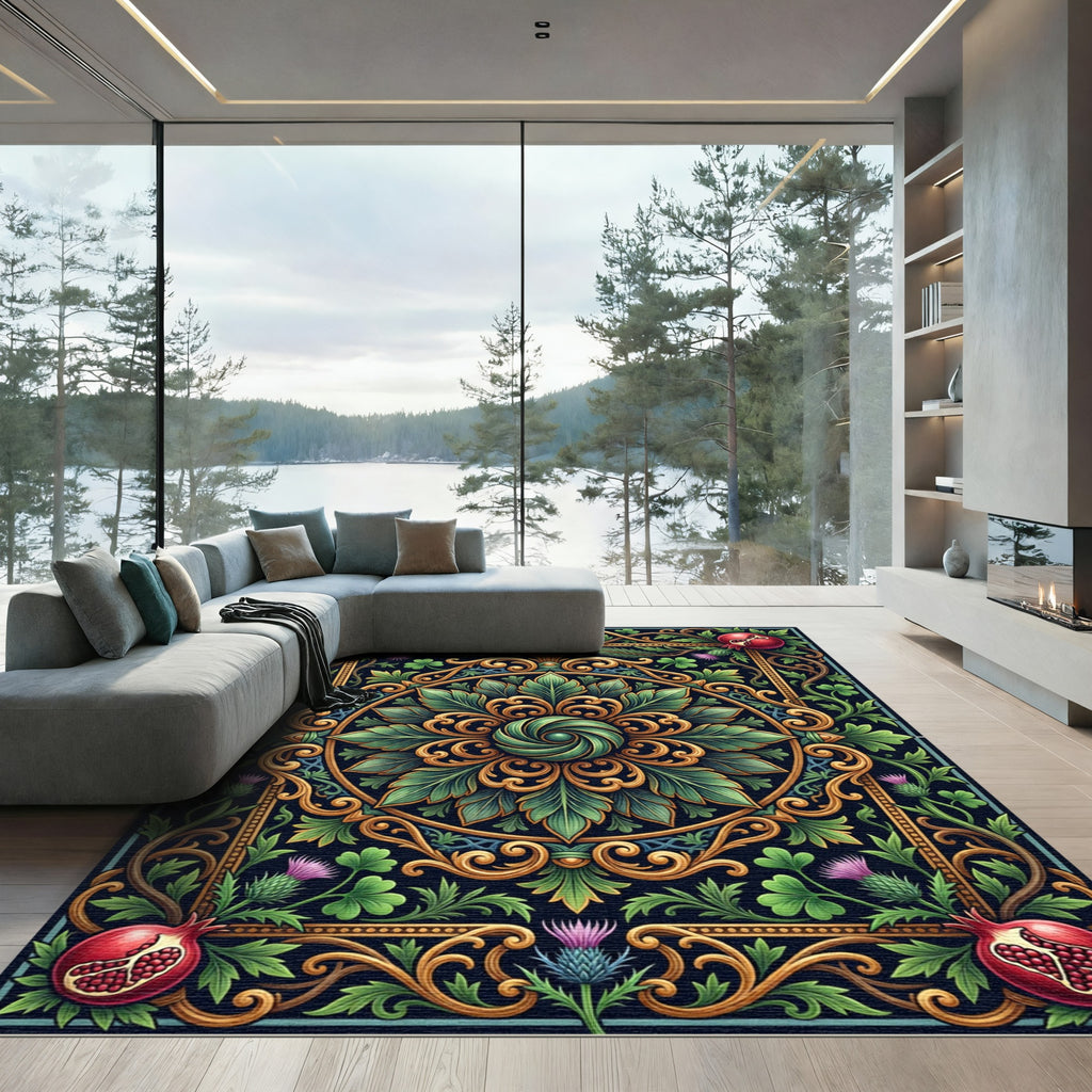 Gilded Green Floral Pomegranate Jewel Rug