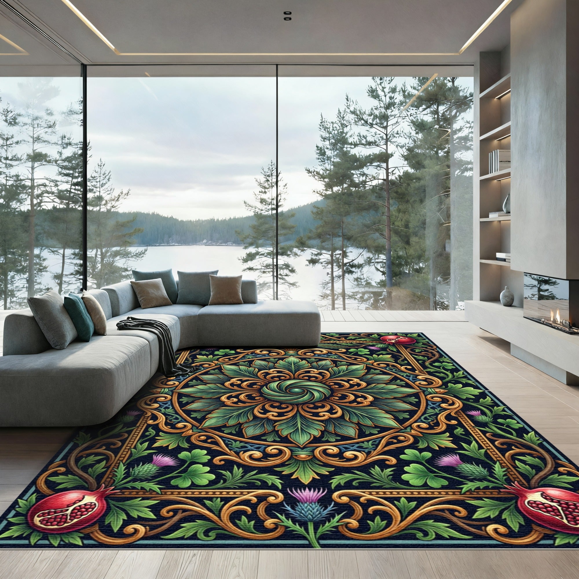 Gilded Green Floral Pomegranate Jewel Rug