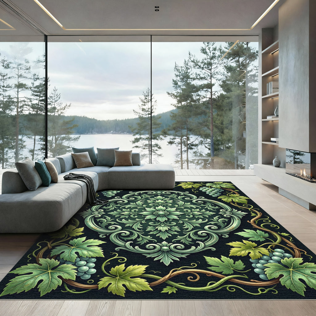 Ornate Emerald Grape Vine Medallion Rug