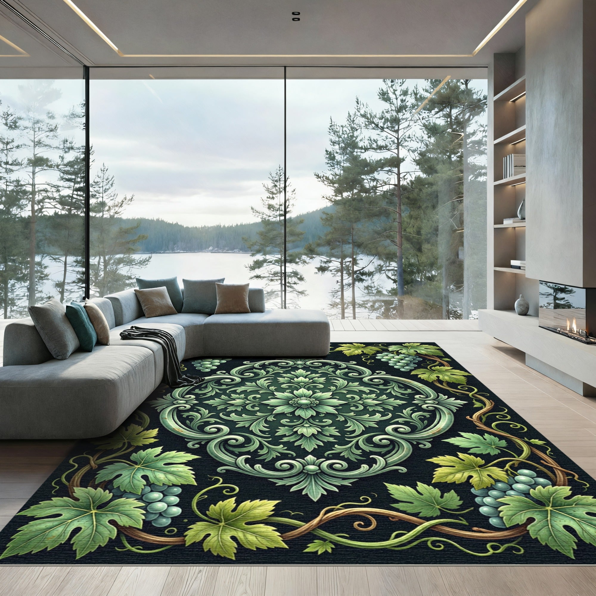 Ornate Emerald Grape Vine Medallion Rug