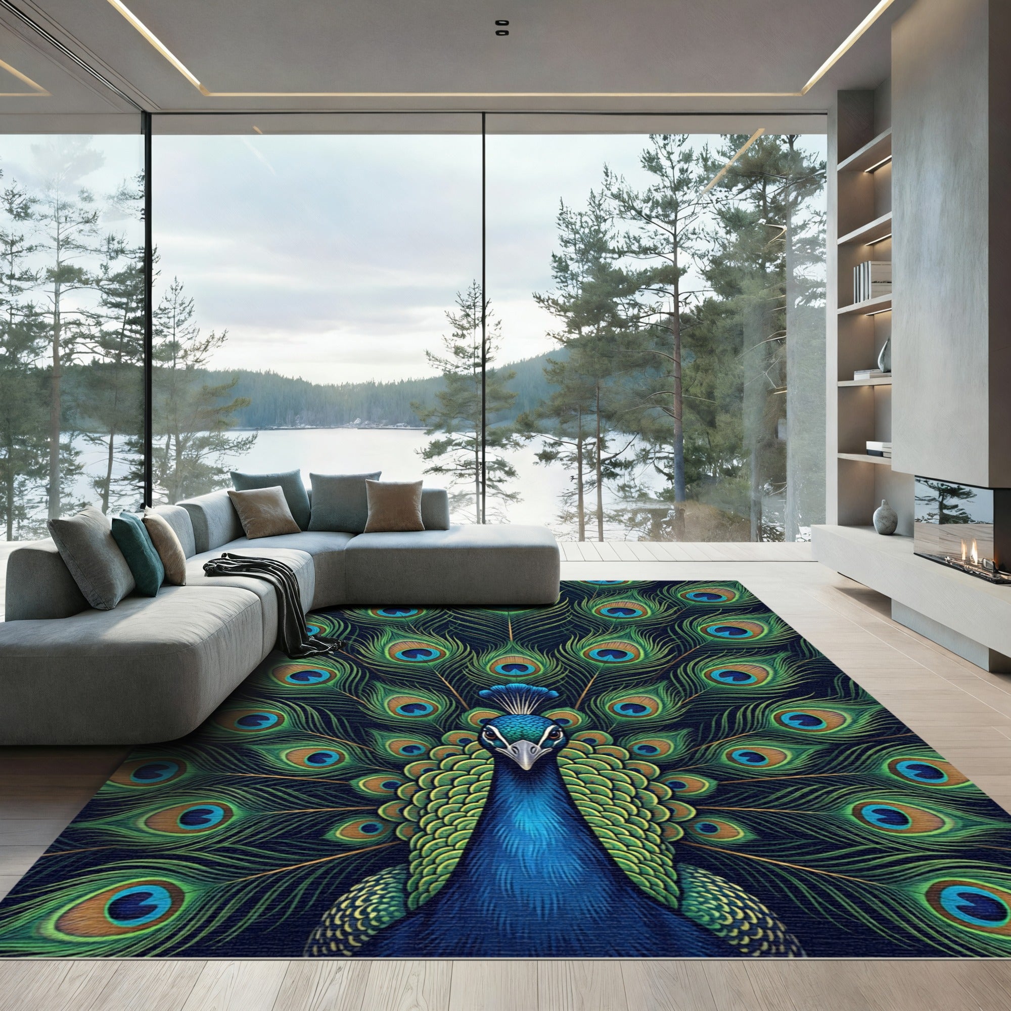 Elegant Teal Peacock Feather Symmetry Rug