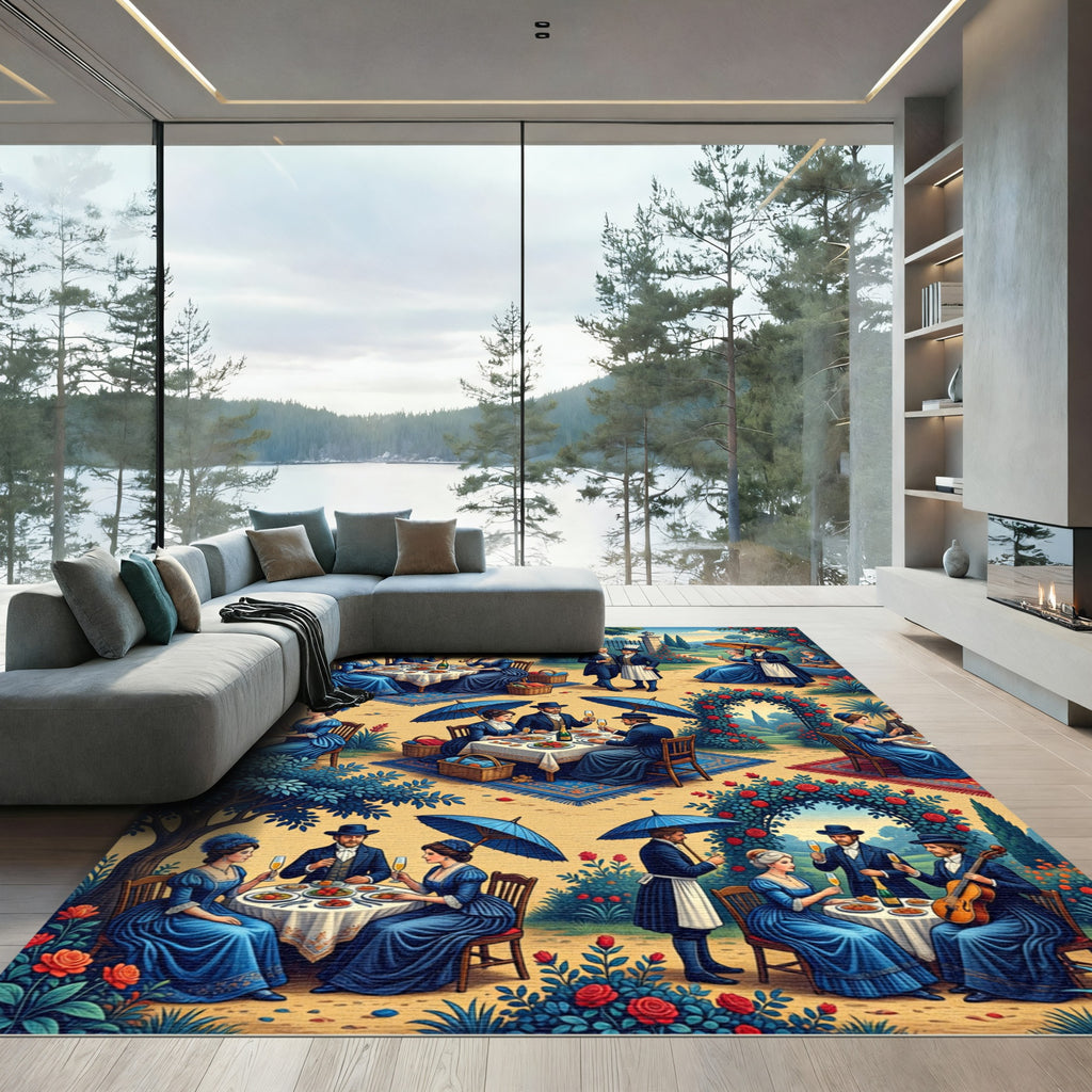 Blue Victorian Garden Picnic Illustration Rug