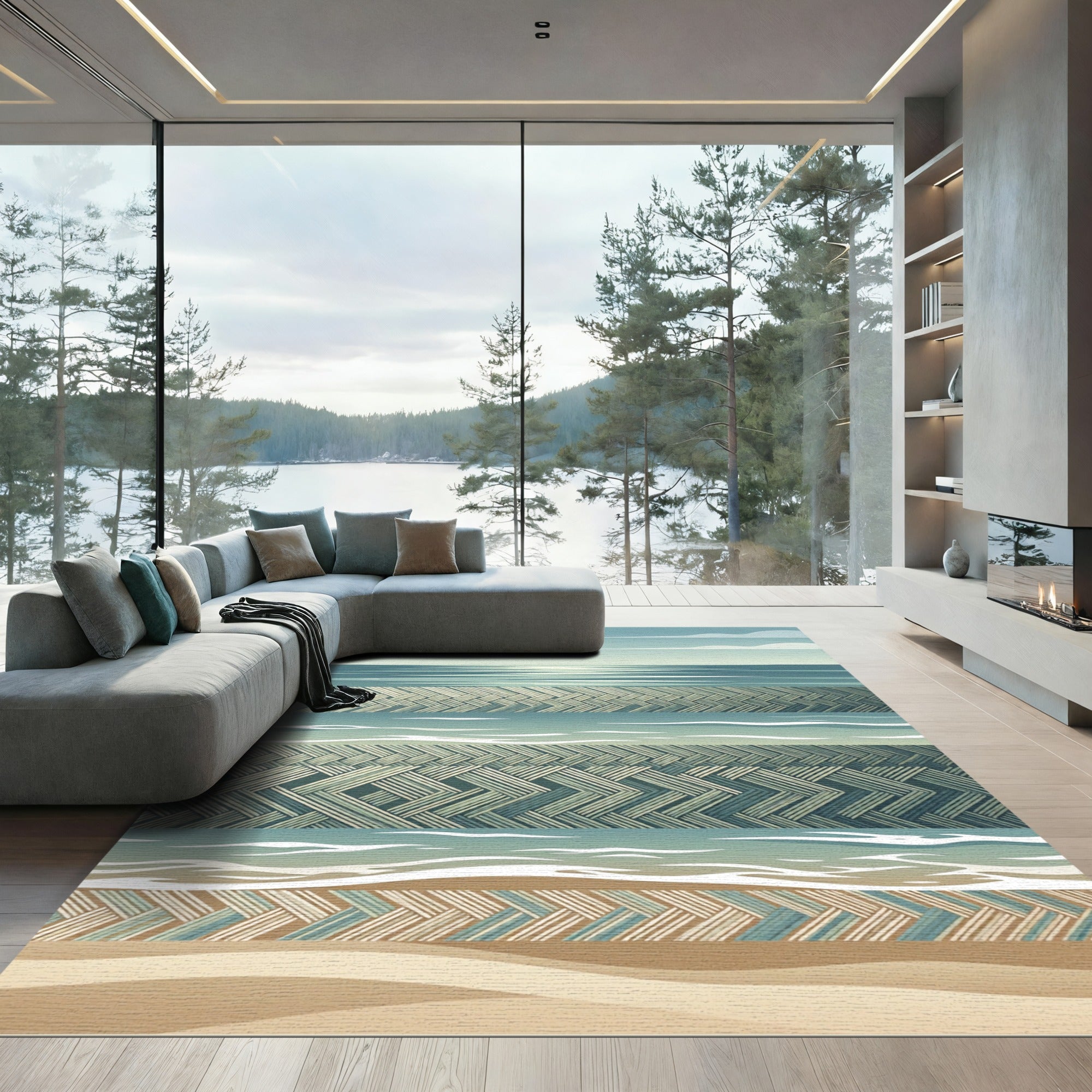 Seaside Woven Herringbone Layered Ocean Hue Rug