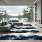 Deep Navy Blue Watercolor Splatter Stripes Rug
