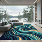 Abstract Teal and Gold Swirling Waves Rug