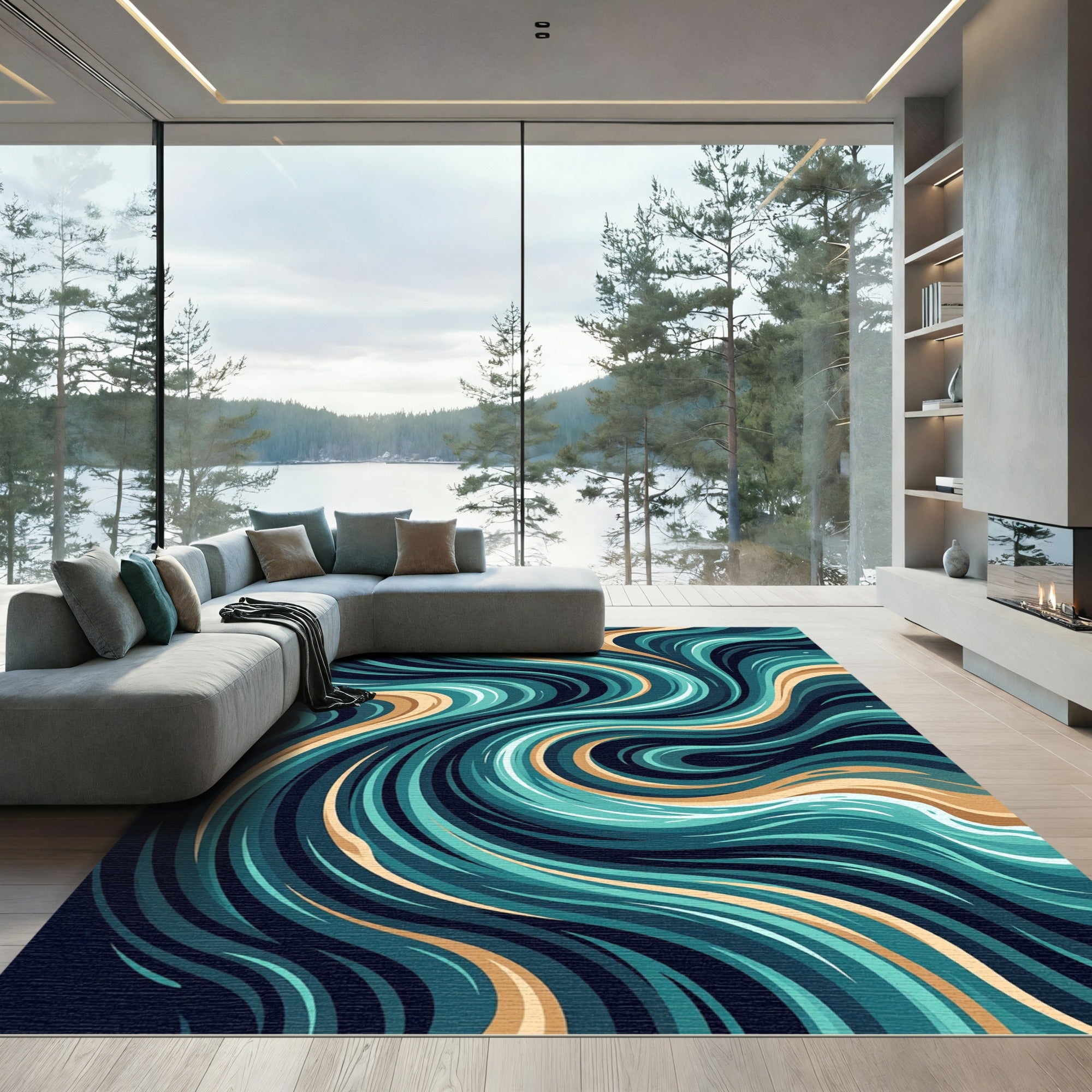 Abstract Teal and Gold Swirling Waves Rug