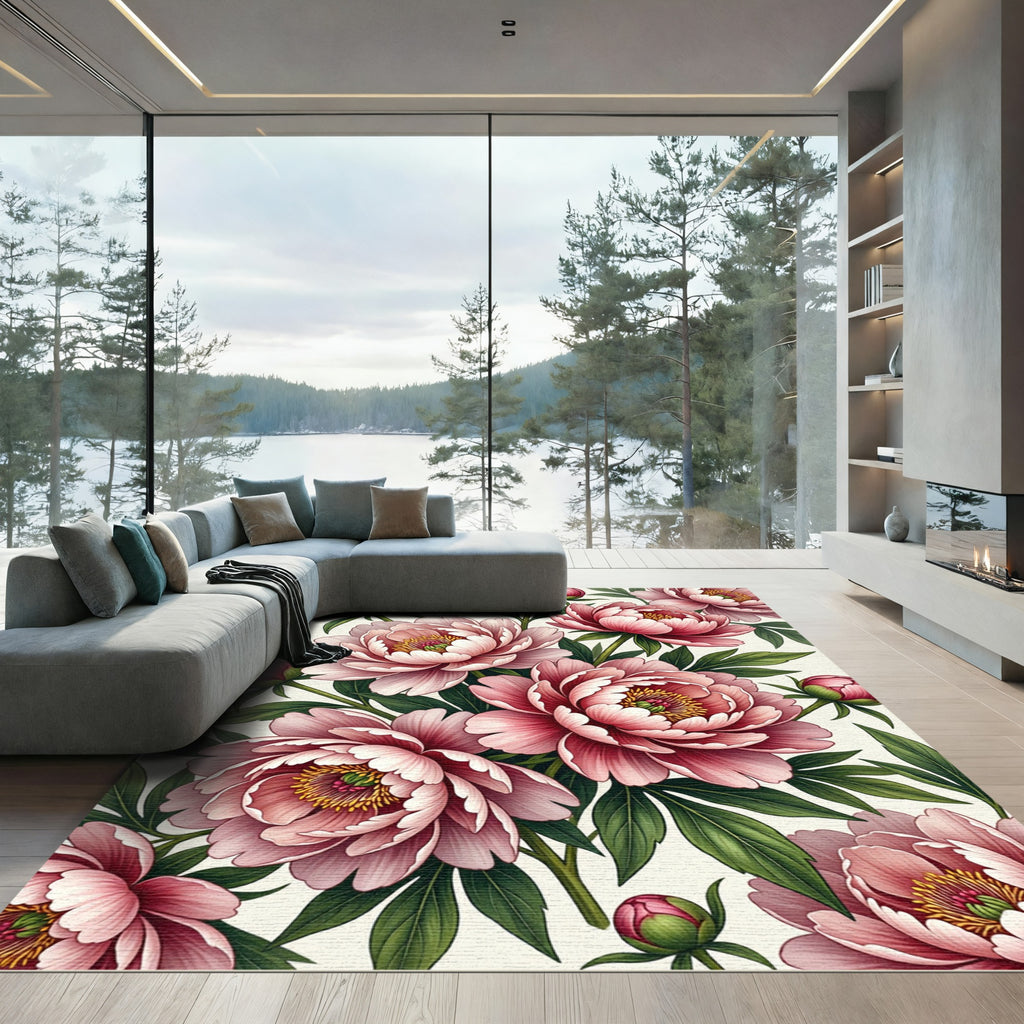 Elegant Blush Peony Flower Garden Rug