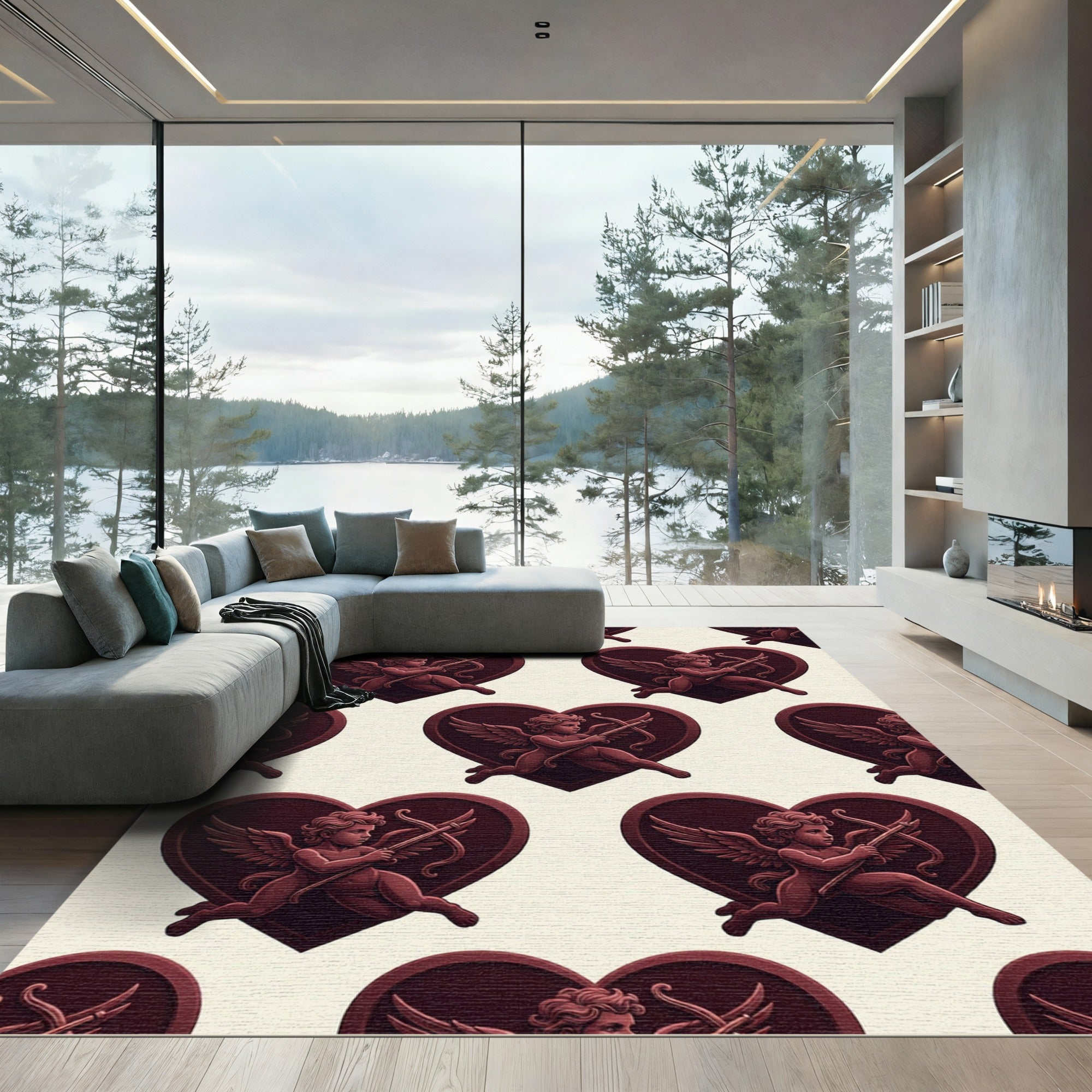 Dark Maroon Cupid Heart Illustration Rug