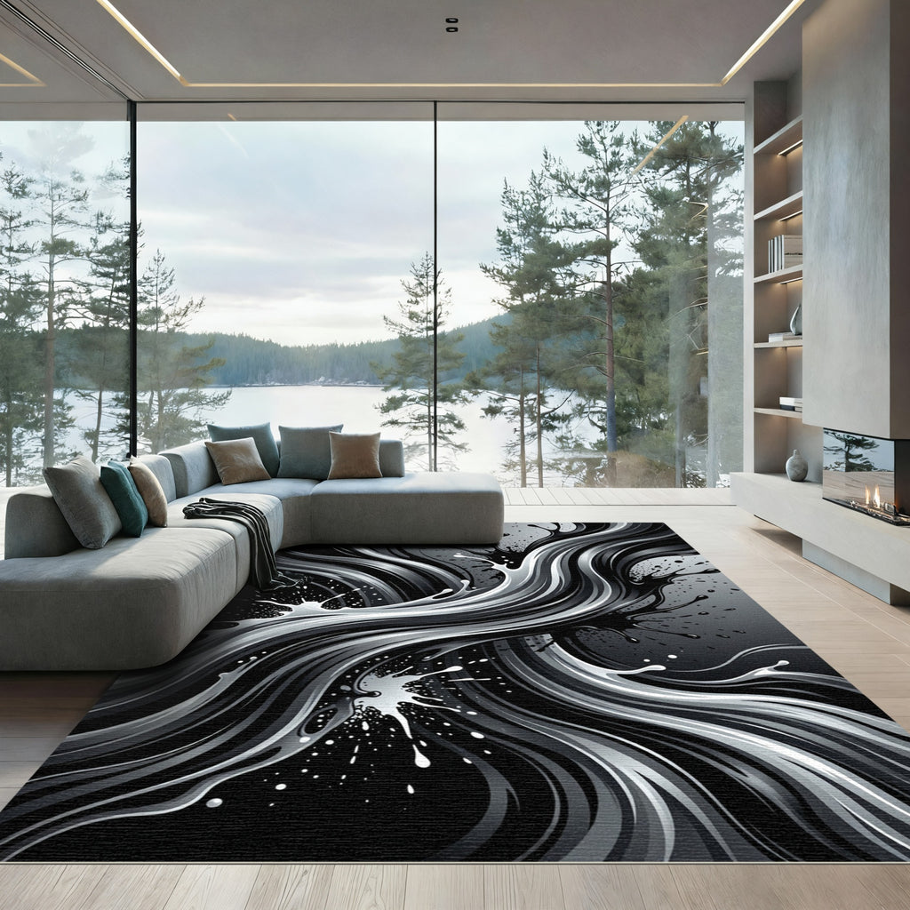 Modern Monochrome Abstract Fluid Flow Rug