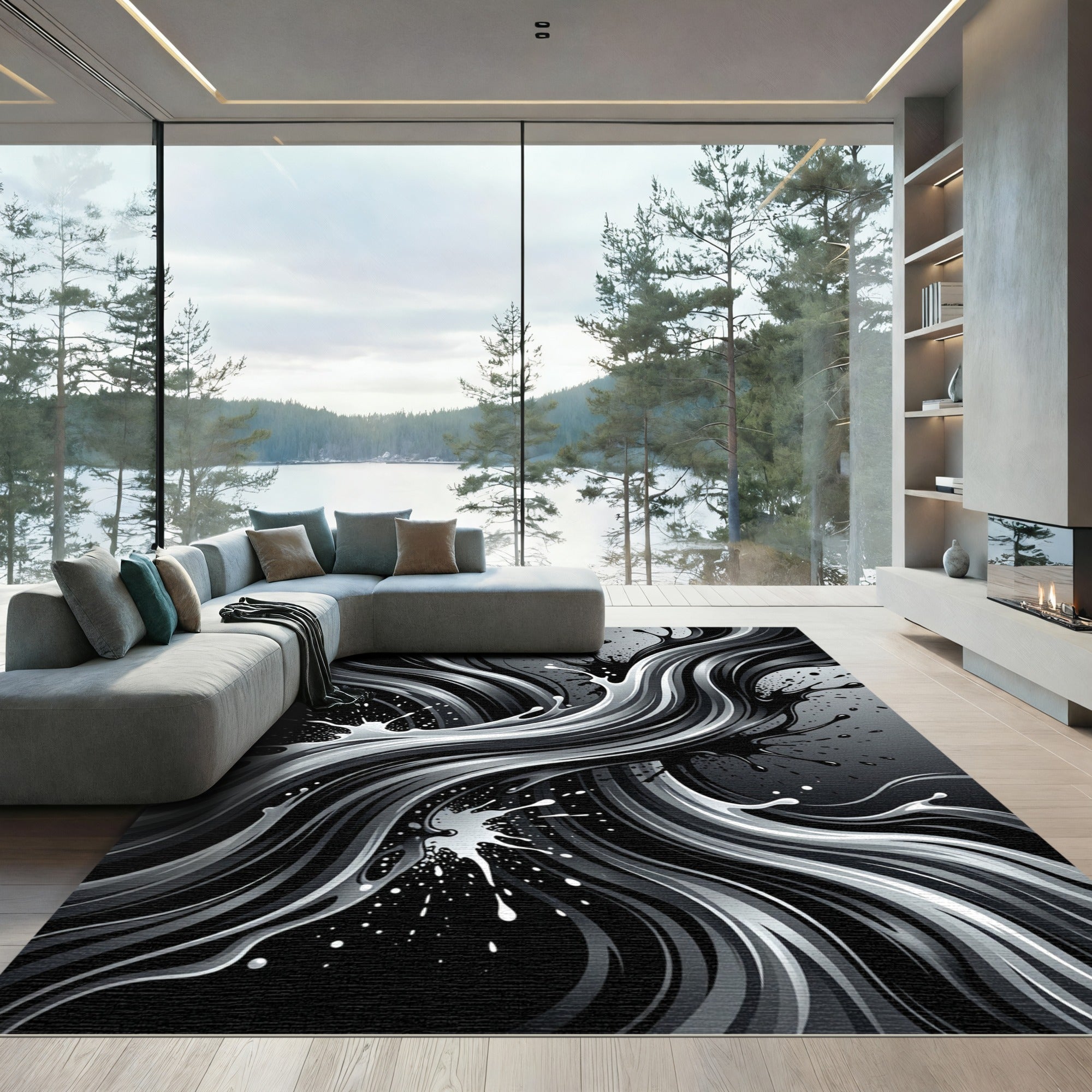 Modern Monochrome Abstract Fluid Flow Rug
