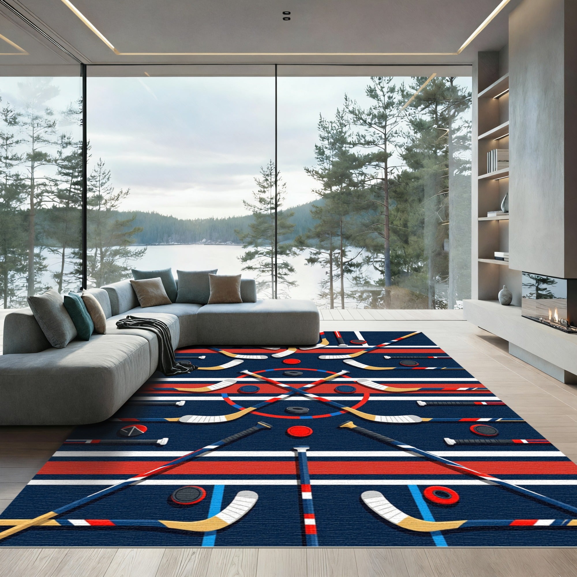 Geometric Hockey Stick and Puck Stripe Rug