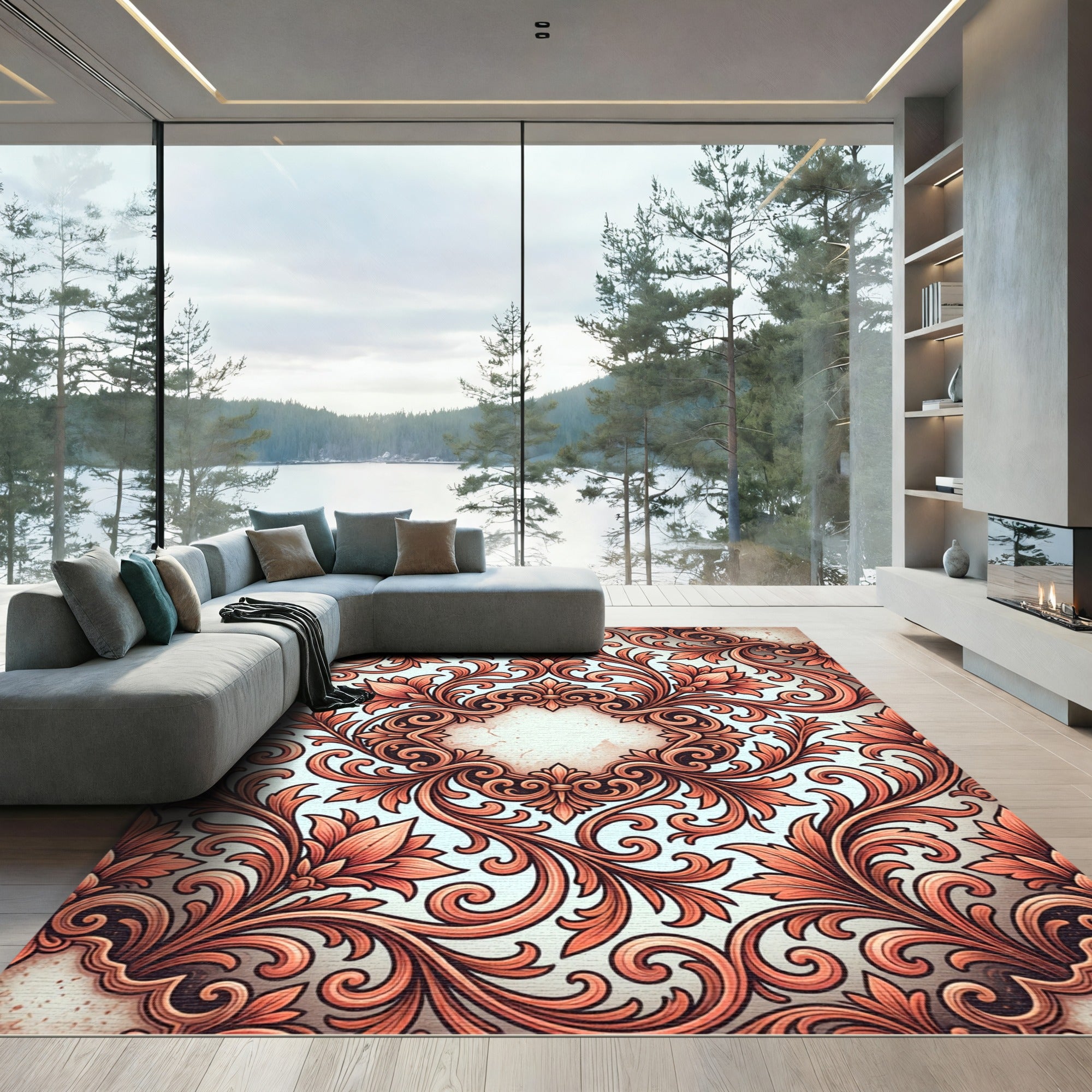 Elegant Coral Floral Baroque Scroll Rug