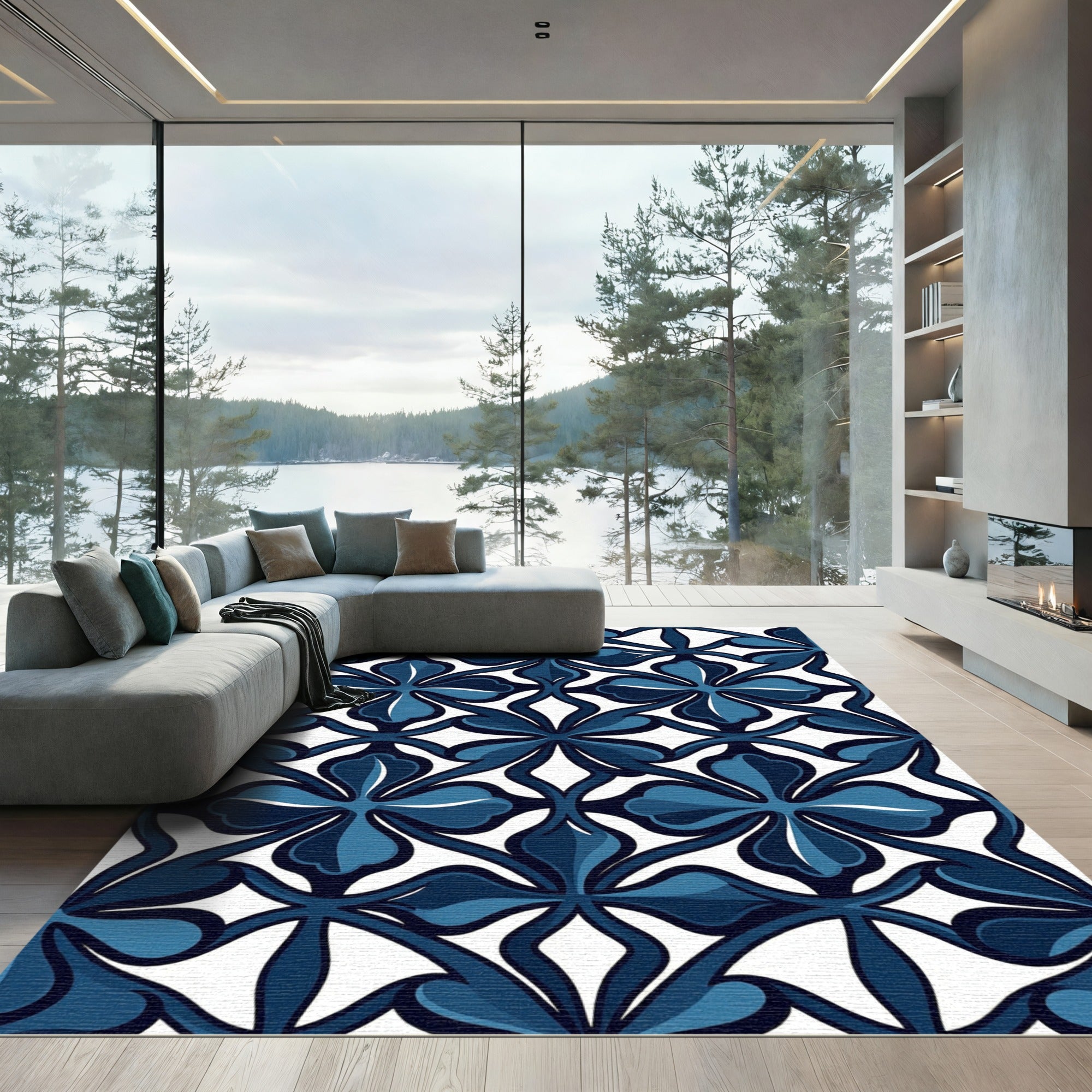 Elegant Navy Sapphire Clover Tile Rug
