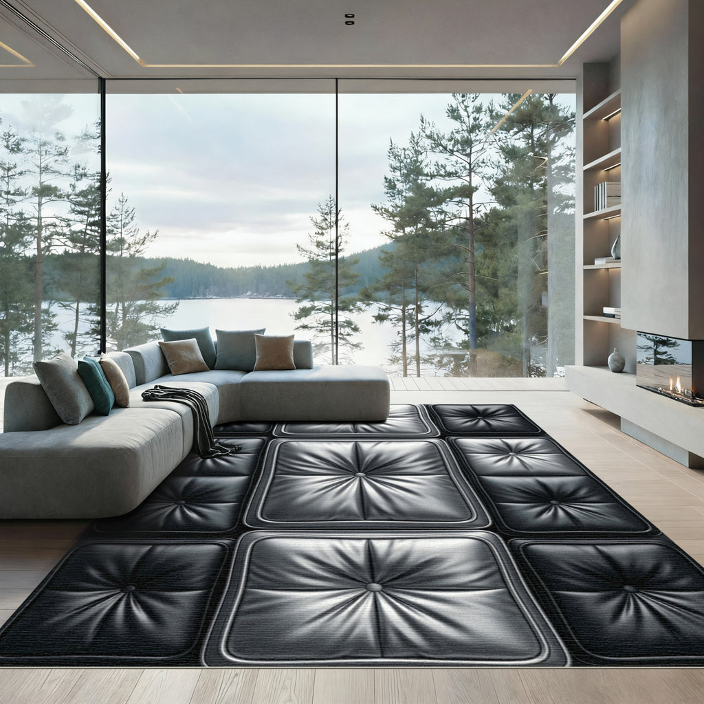 Modern Metallic Tufted Silver Quilted Grid Rug