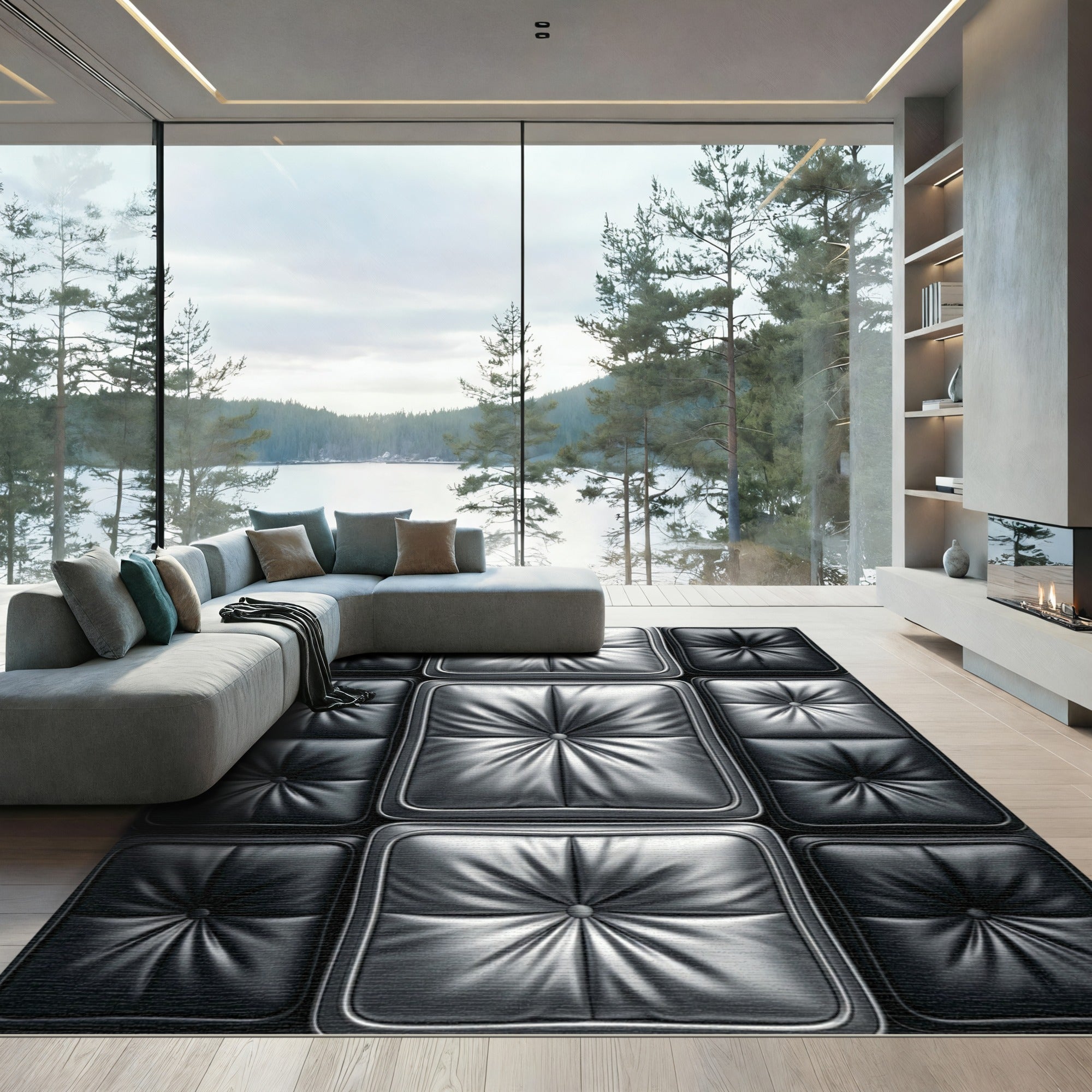 Modern Metallic Tufted Silver Quilted Grid Rug