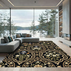Black Floral Medallion Irises and Roses Rug