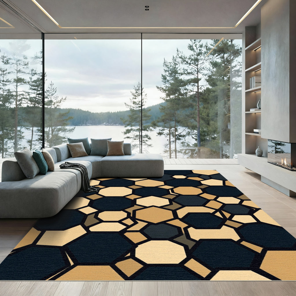 Modern Geometric Black and Gold Hexagon Rug