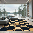 Modern Geometric Black and Gold Hexagon Rug
