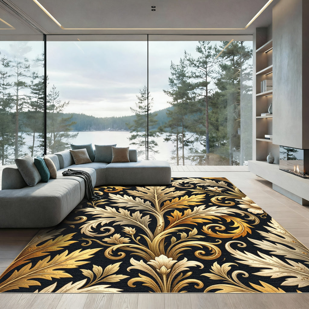 Golden Acanthus Scroll Floral Ornament Rug