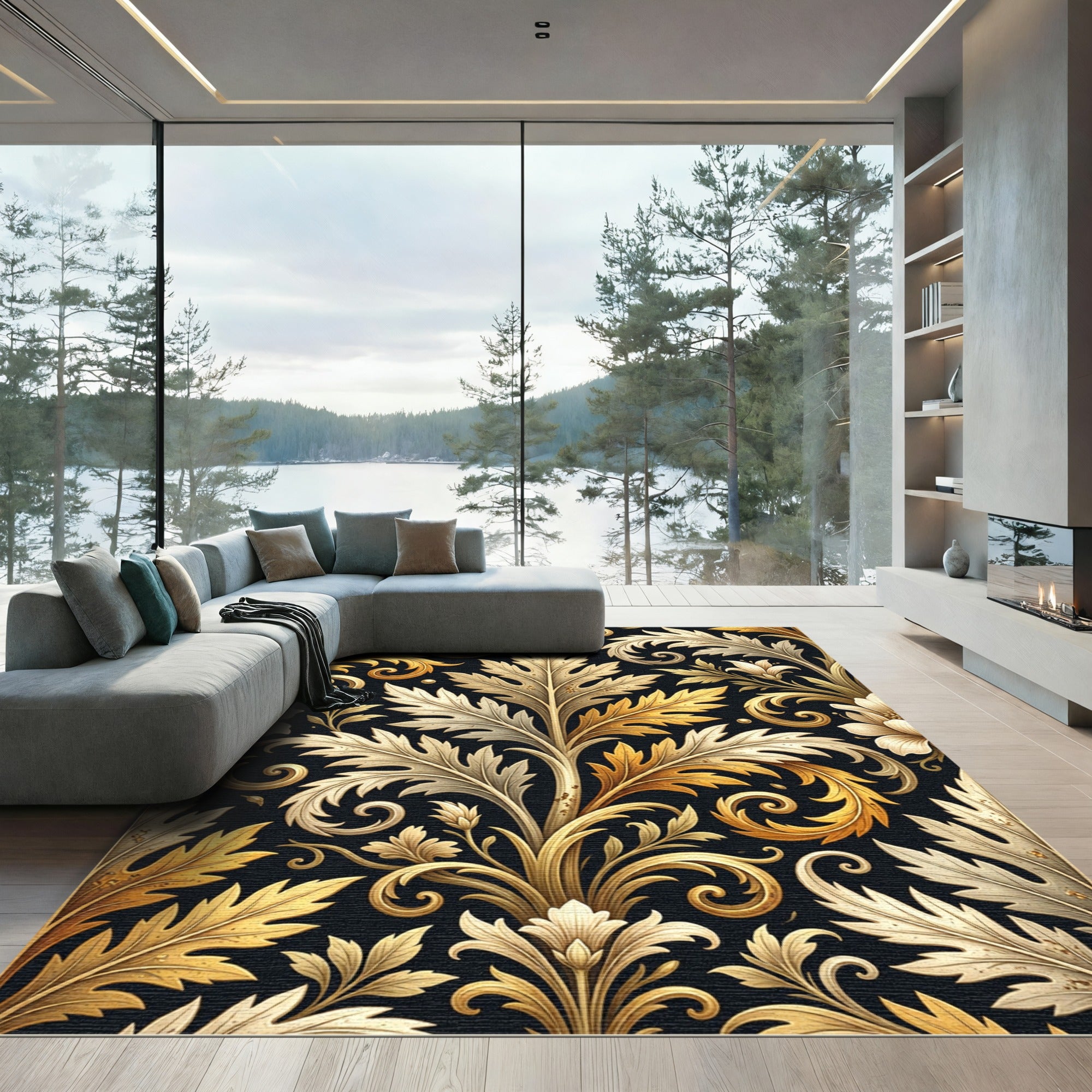 Golden Acanthus Scroll Floral Ornament Rug