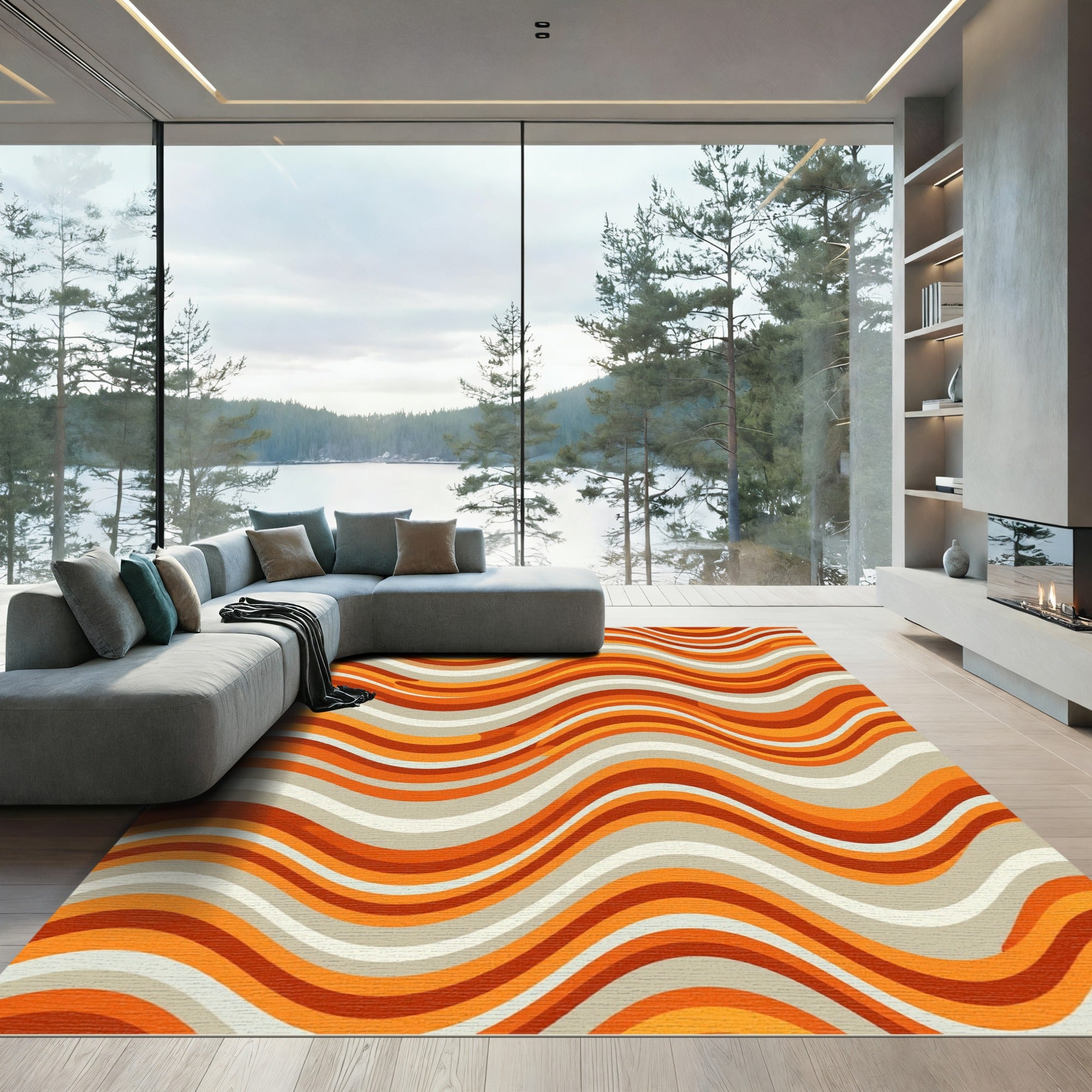 Vintage Mid Century Orange Wavy Stripe Rug