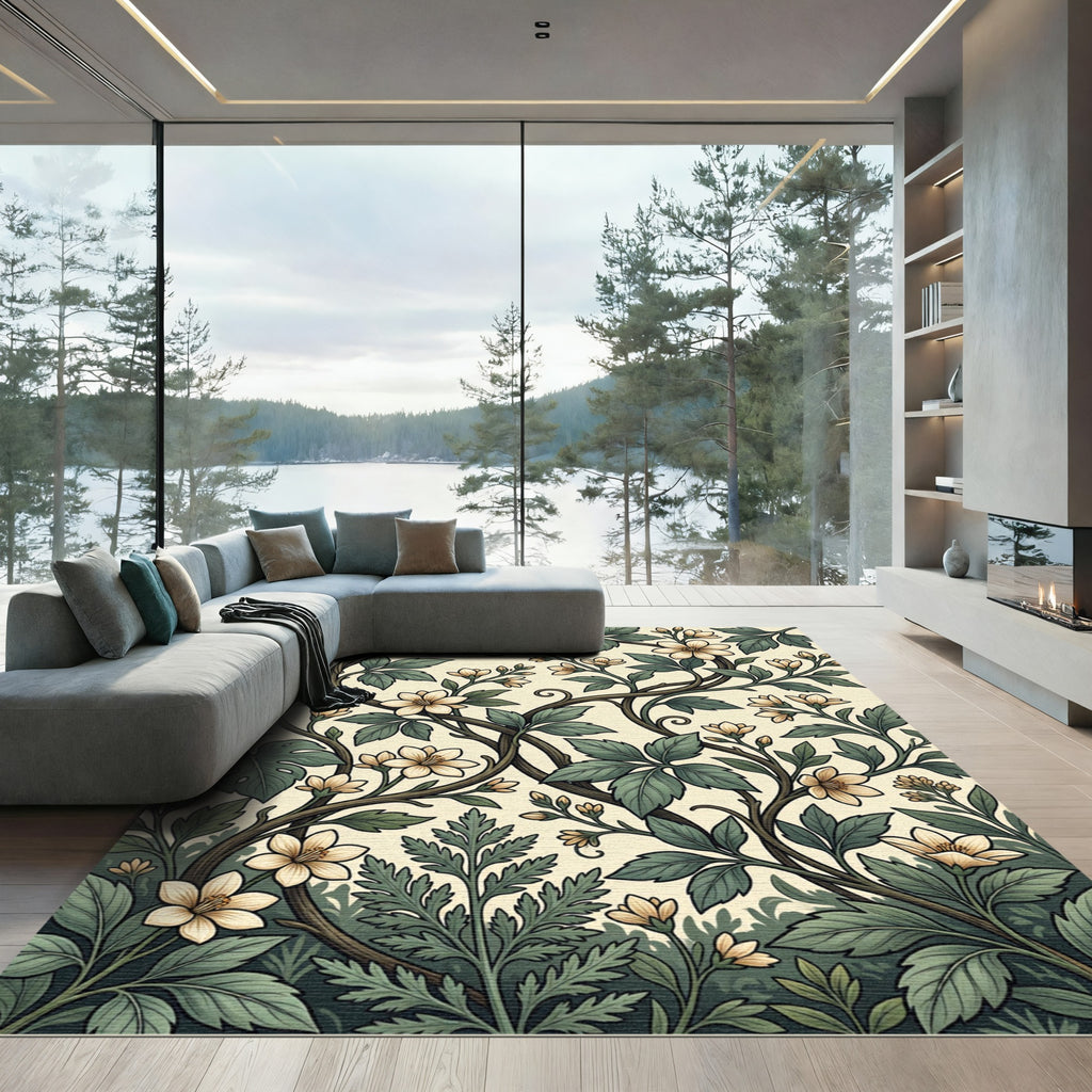 William Morris Cream Botanical Floral Vine Rug