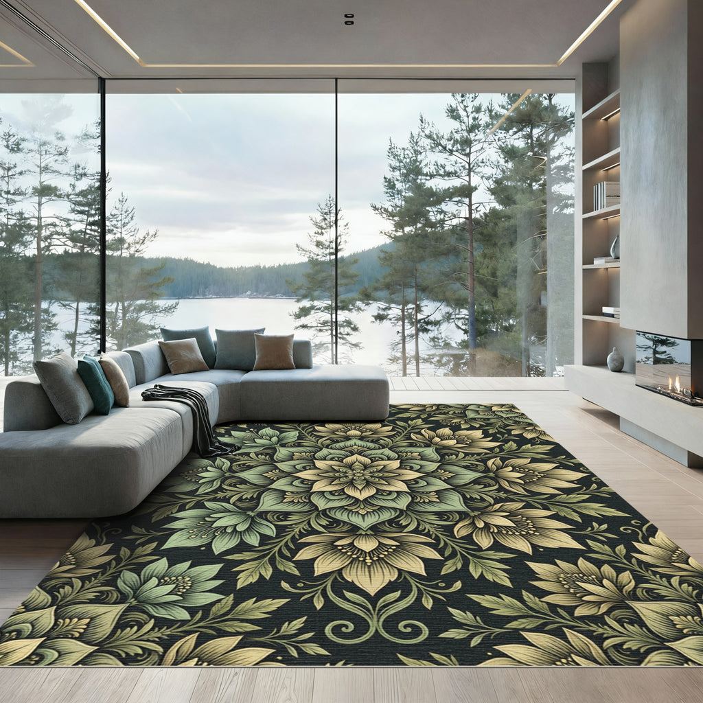 Sage Floral Damask Medallion Rug