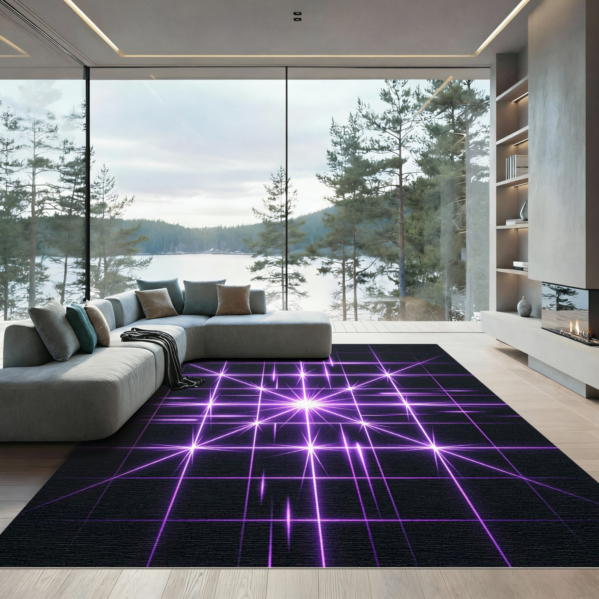 Glowing Radiant Violet Geometric Grid Rug