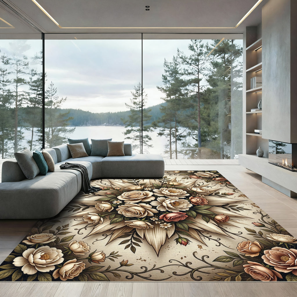 Elegant Cream Floral Bouquet Medallion Rug